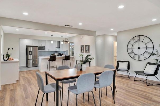 Dining room, Interior, Kitchen, Pendant Lights, Recessed Lighting, Stainless Steel Appliances, Wood Texture Flooring