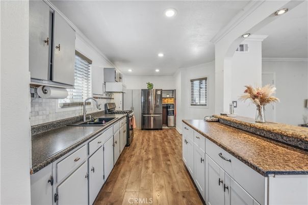 Interior, Kitchen, Recessed Lighting, Stainless Steel Appliances, Wood Texture Flooring