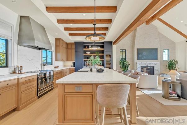 Fireplace, Interior, Kitchen, Living room, Pendant Lights, Recessed Lighting, Stainless Steel Appliances, Wooden Beams, Wood Texture Flooring