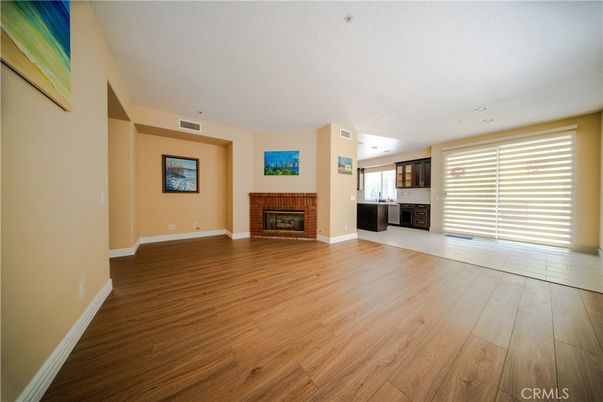 Empty room, Fireplace, Interior, Recessed Lighting, Wood Texture Flooring
