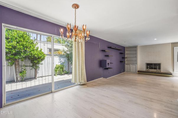 Chandelier, Empty room, Fireplace, Interior, Recessed Lighting, Wood Texture Flooring