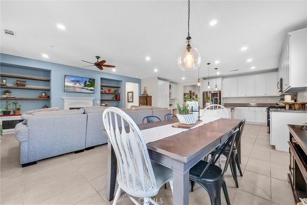 Dining room, Fireplace, Interior, Kitchen, Living room, Pendant Lights, Recessed Lighting