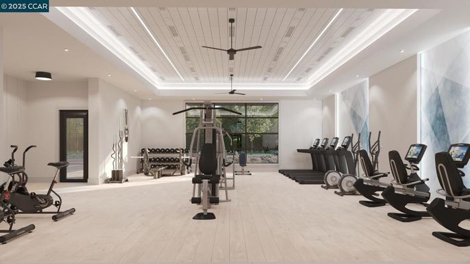 Fitness Equipment, Gym, Interior, Recessed Lighting, Wooden Ceilings, Wood Texture Flooring