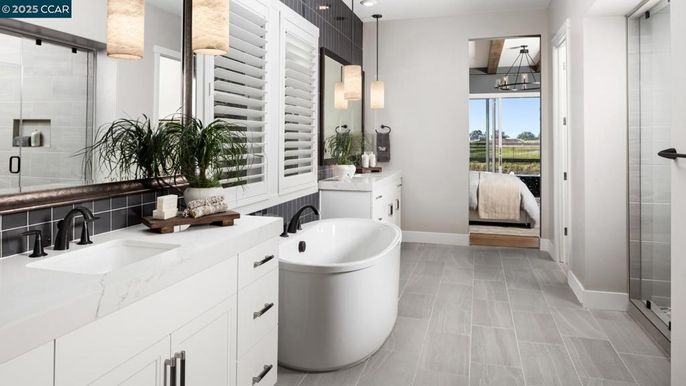 Bathroom, Dual Sink Vanities, Free Standing Baths, Interior, Pendant Lights, Wood Texture Flooring