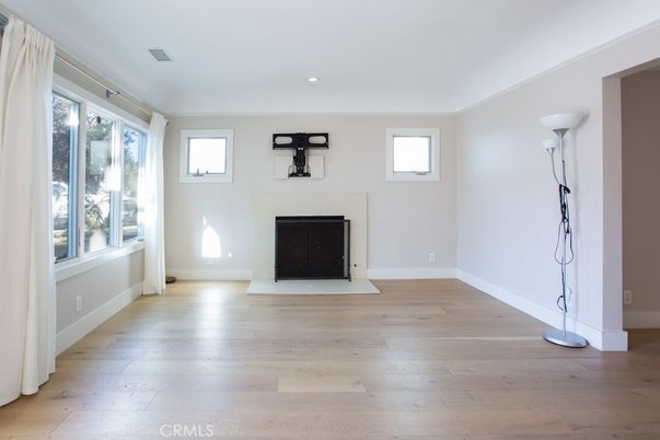 Empty room, Fireplace, Interior, Recessed Lighting, Wood Texture Flooring