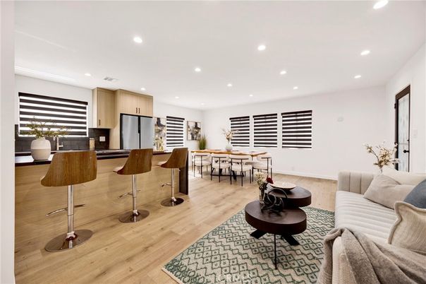 Dining room, Interior, Kitchen, Living room, Recessed Lighting, Wood Texture Flooring