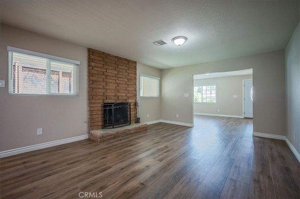 Empty room, Fireplace, Interior, Stone Walls, Wood Texture Flooring