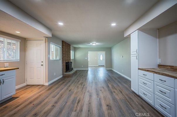 Empty room, Fireplace, Interior, Recessed Lighting, Wood Texture Flooring