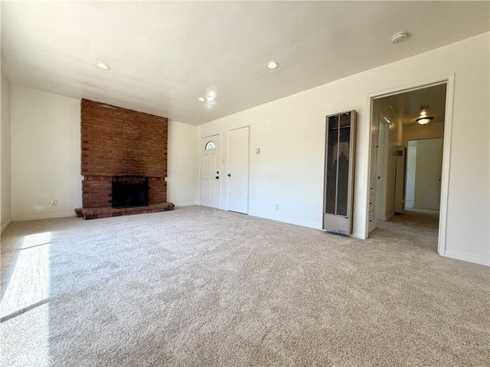 Empty room, Fireplace, Interior, Recessed Lighting, Stone Walls