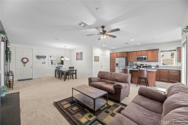 Chandelier, Dining room, Interior, Kitchen, Living room, Pendant Lights, Recessed Lighting, Stainless Steel Appliances