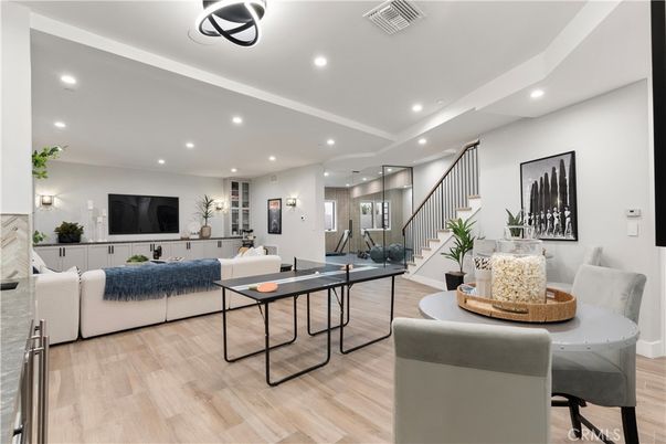 Dining room, Interior, Living room, Pendant Lights, Recessed Lighting, Wood Texture Flooring