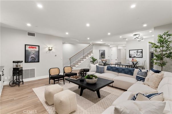 Dining room, Interior, Living room, Recessed Lighting, Wood Texture Flooring