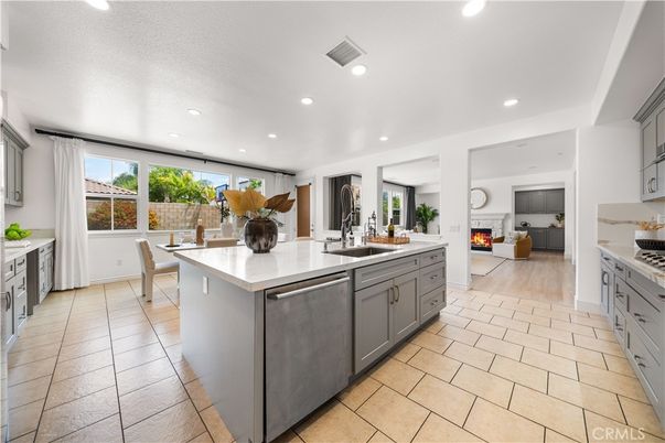 Dining room, Fireplace, Interior, Kitchen, Recessed Lighting, Stainless Steel Appliances