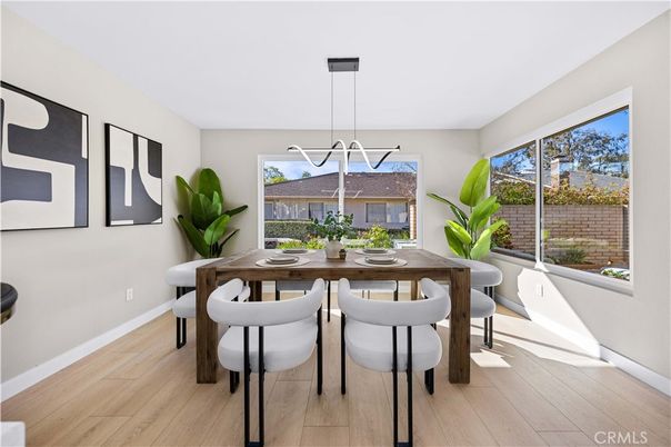 Dining room, Interior, Pendant Lights, Wood Texture Flooring