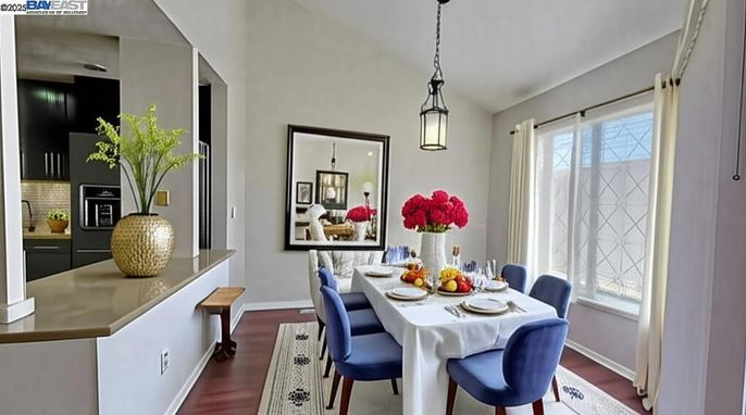 Dining room, Interior, Pendant Lights, Wood Texture Flooring
