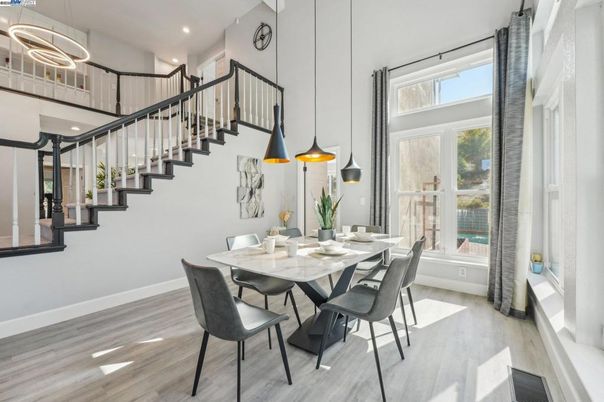 Dining room, Interior, Pendant Lights, Recessed Lighting, Wood Texture Flooring