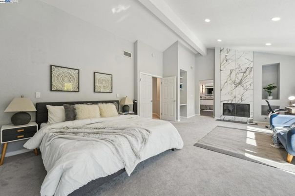 Bedroom, Fireplace, Interior, Marble Walls, Recessed Lighting