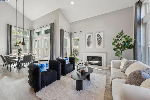 Dining room, Fireplace, Interior, Living room, Pendant Lights, Recessed Lighting, Wood Texture Flooring