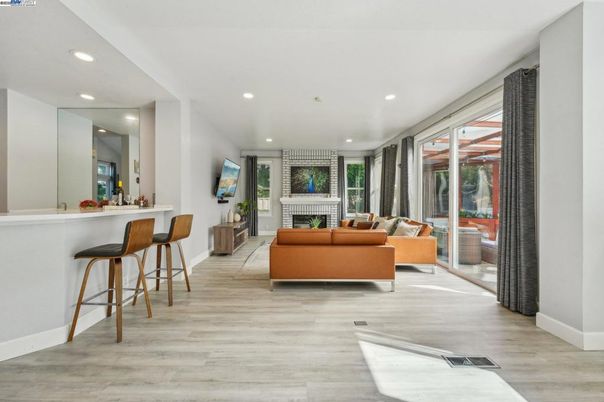 Fireplace, Interior, Living room, Recessed Lighting, Wood Texture Flooring