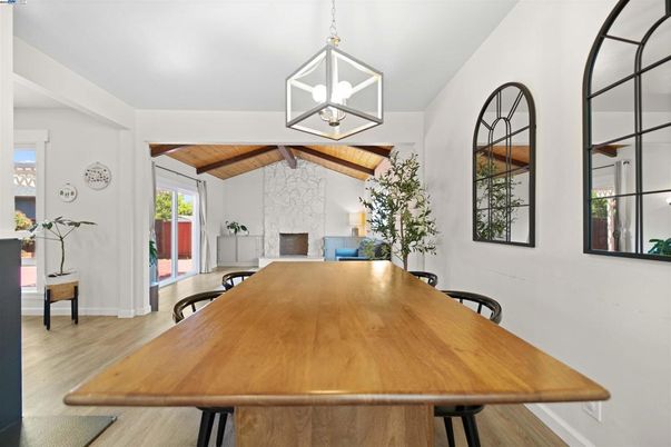 Dining room, Fireplace, Interior, Pendant Lights, Wooden Beams, Wooden Ceilings, Wood Texture Flooring