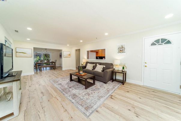 Dining room, Interior, Living room, Recessed Lighting, Wood Texture Flooring