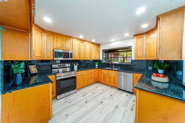 Interior, Kitchen, Recessed Lighting, Stainless Steel Appliances, Wood Texture Flooring