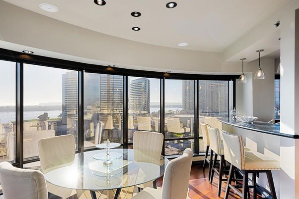 Dining room, Interior, Pendant Lights, Recessed Lighting, Water, Wood Texture Flooring