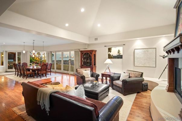 Dining room, Fireplace, Interior, Living room, Pendant Lights, Recessed Lighting, Wood Texture Flooring