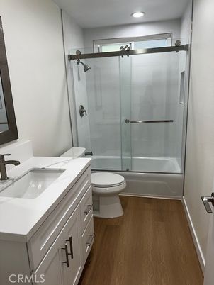 Bathroom, Glass Shower, Interior, Recessed Lighting, Wood Texture Flooring