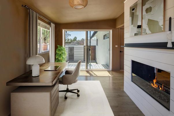 Fireplace, Home Office, Interior, Wood Texture Flooring