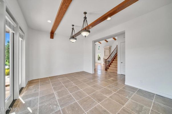 Empty room, Interior, Pendant Lights, Recessed Lighting, Wooden Beams