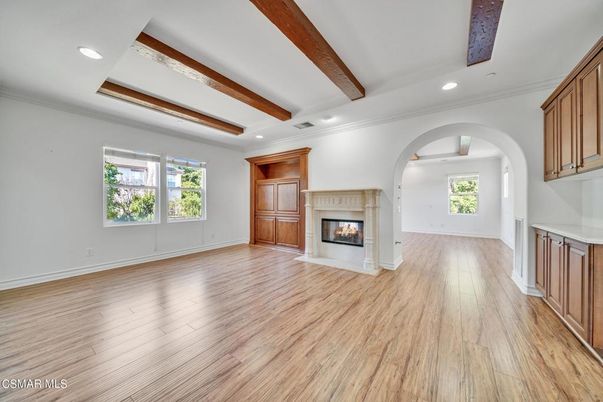 Empty room, Fireplace, Interior, Recessed Lighting, Wooden Beams, Wood Texture Flooring