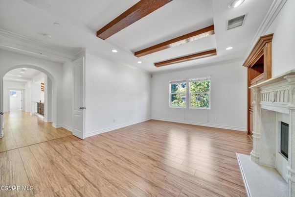 Empty room, Fireplace, Interior, Recessed Lighting, Wooden Beams, Wood Texture Flooring