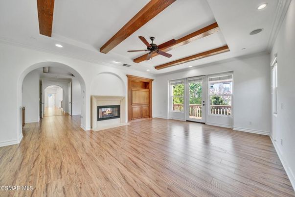 Empty room, Fireplace, Interior, Recessed Lighting, Wooden Beams, Wood Texture Flooring