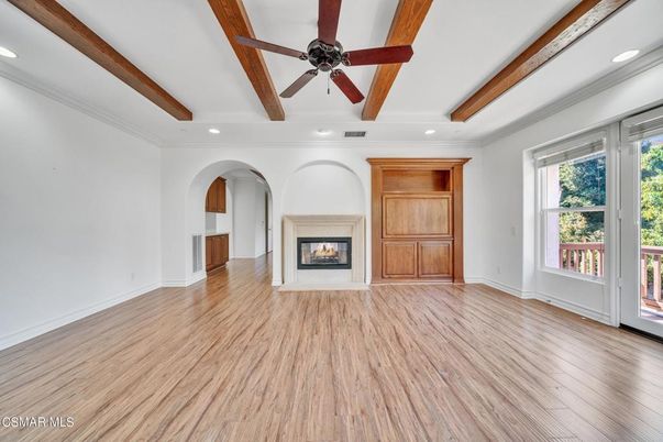 Empty room, Fireplace, Interior, Recessed Lighting, Wooden Beams, Wood Texture Flooring