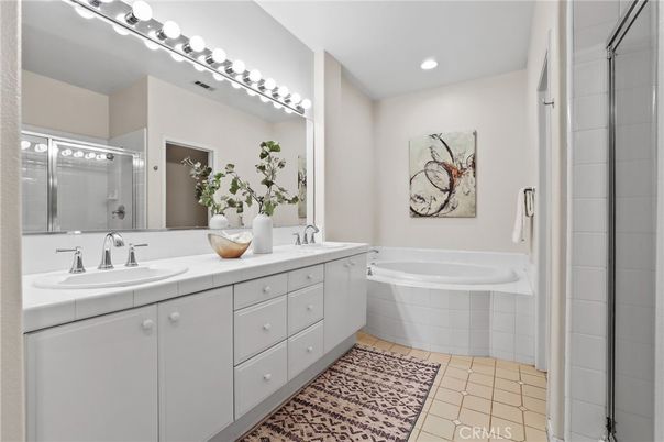 Bathroom, Dual Sink Vanities, Interior, Recessed Lighting, Tile Countertops