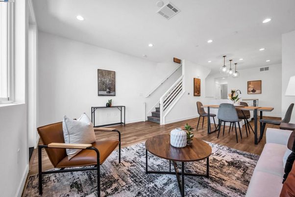 Dining room, Interior, Living room, Pendant Lights, Recessed Lighting, Wood Texture Flooring