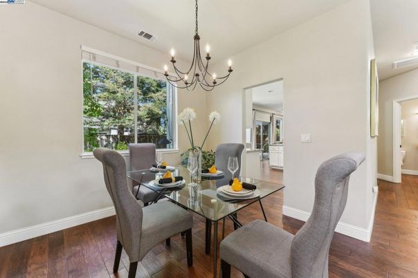 Chandelier, Dining room, Interior, Wood Texture Flooring