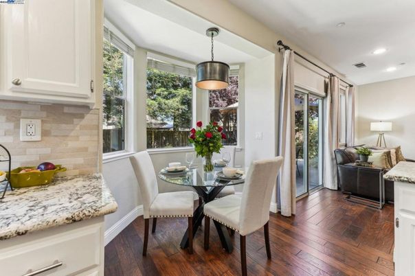 Dining room, Interior, Pendant Lights, Recessed Lighting, Wood Texture Flooring