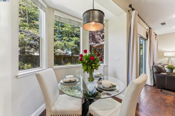 Dining room, Interior, Pendant Lights, Recessed Lighting, Wood Texture Flooring