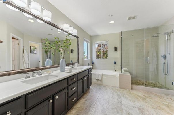 Bathroom, Dual Sink Vanities, Glass Shower, Interior, Recessed Lighting