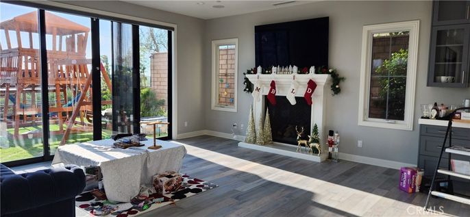 Fireplace, Interior, Recessed Lighting, Wood Texture Flooring