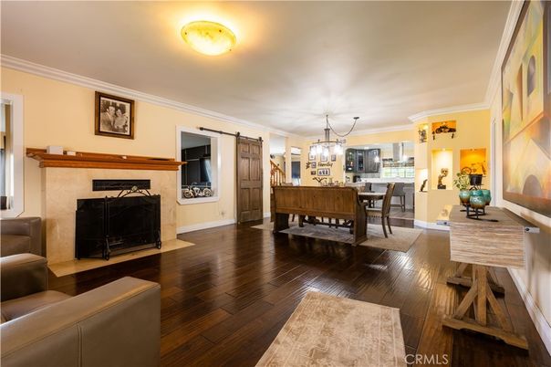 Dining room, Fireplace, Interior, Pendant Lights, Wood Texture Flooring