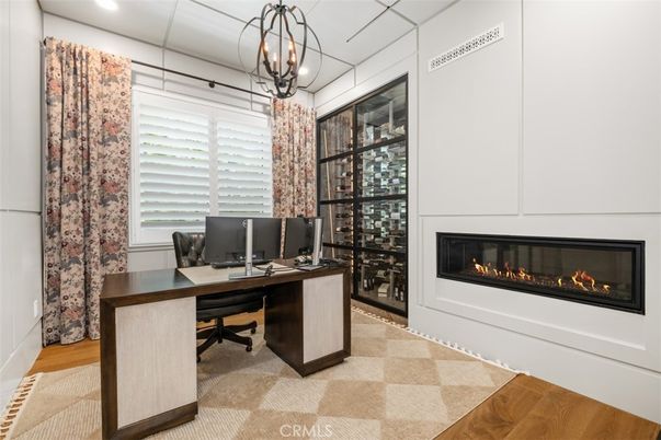 Chandelier, Fireplace, Home Office, Interior, Pendant Lights, Recessed Lighting, Wood Texture Flooring