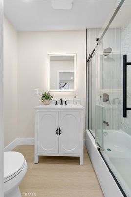 Bathroom, Glass Shower, Interior, Wood Texture Flooring