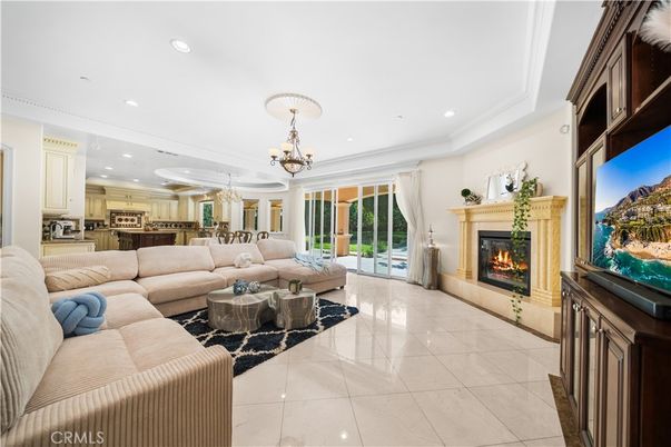 Chandelier, Fireplace, Interior, Kitchen, Living room, Recessed Lighting