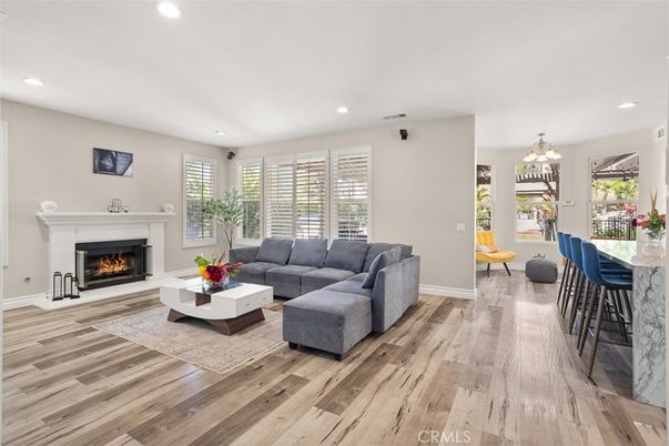Fireplace, Interior, Living room, Recessed Lighting, Wood Texture Flooring