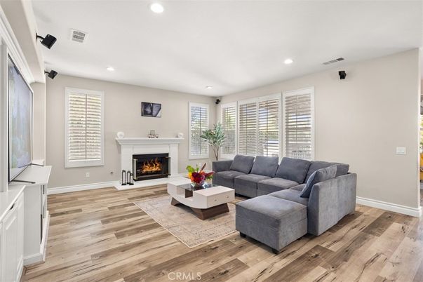 Fireplace, Interior, Living room, Recessed Lighting, Wood Texture Flooring