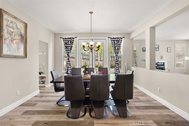 Chandelier, Dining room, Interior, Wood Texture Flooring