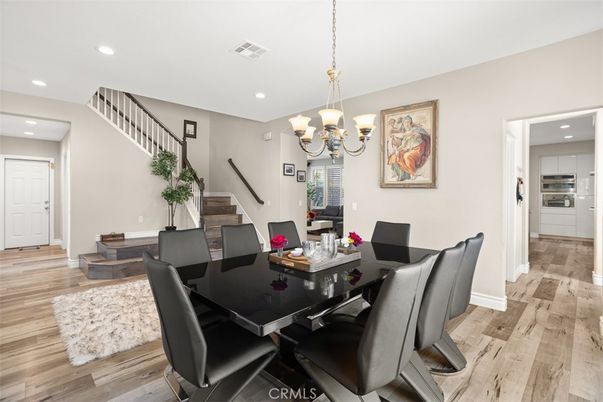Chandelier, Dining room, Interior, Recessed Lighting, Wood Texture Flooring